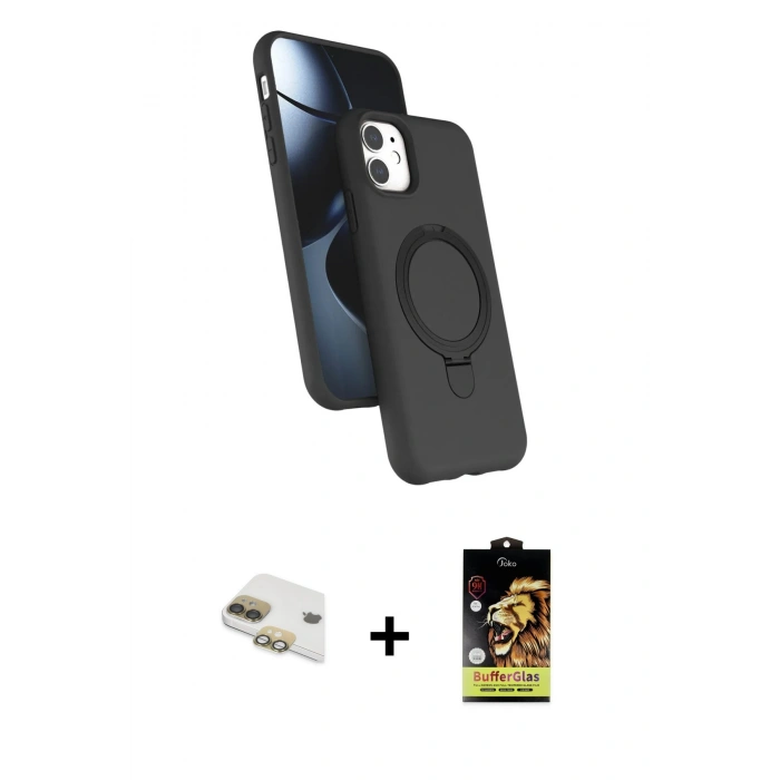 MARSİLYAN™- iPhone 11 Kılıf İz Işık Koleksiyonu - Siyah Buffer Cam Ekran Koruyucu + Pers Alüminyum Kamera Lens - GD