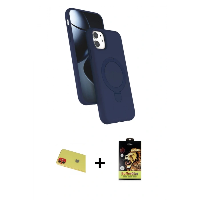 MARSİLYAN™- iPhone 11 Kılıf İz Işık Koleksiyonu - Siyah Buffer Cam Ekran Koruyucu + Kırmızı Rainbow Kamera Lens Koruma Cam