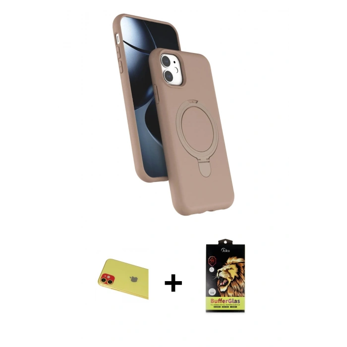 MARSİLYAN™- iPhone 11 Kılıf İz Işık Koleksiyonu - Siyah Buffer Cam Ekran Koruyucu + Kırmızı Rainbow Kamera Lens Koruma Cam