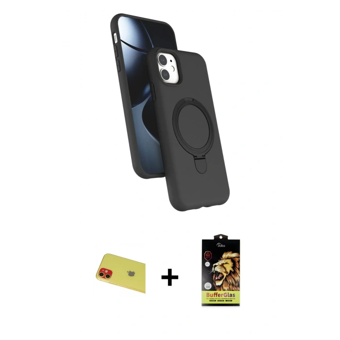 MARSİLYAN™- iPhone 11 Kılıf İz Işık Koleksiyonu - Siyah Buffer Cam Ekran Koruyucu + Kırmızı Rainbow Kamera Lens Koruma Cam