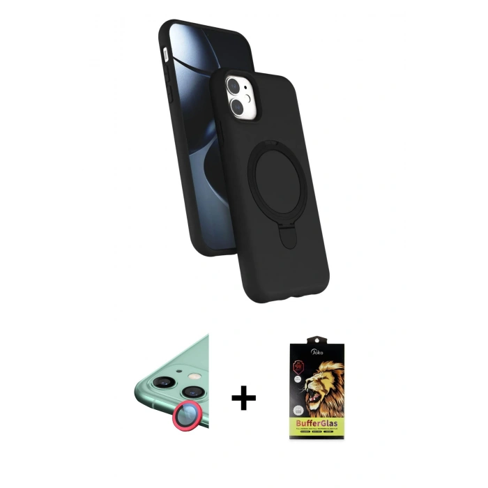 MARSİLYAN™- iPhone 11 Kılıf İz Işık Koleksiyonu - Siyah Buffer Cam Ekran Koruyucu + Raze Metal Kamera Lens - KI