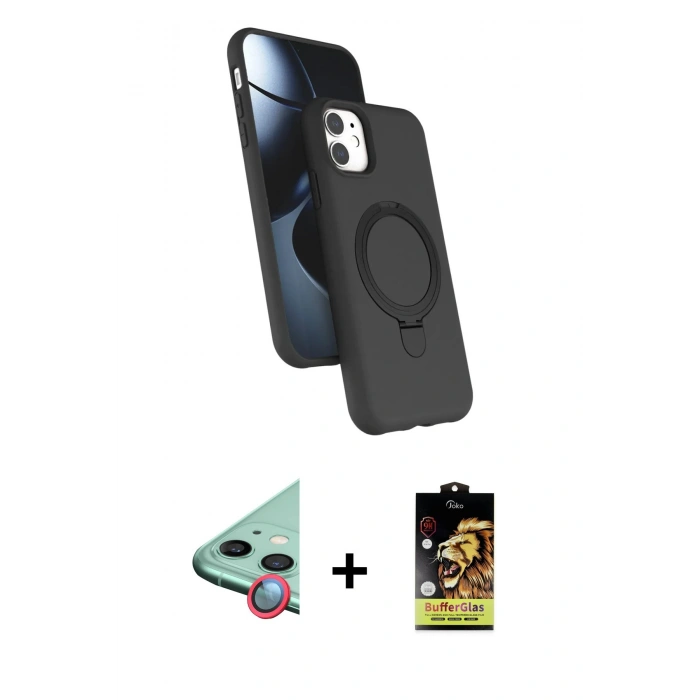 MARSİLYAN™- iPhone 11 Kılıf İz Işık Koleksiyonu - Siyah Buffer Cam Ekran Koruyucu + Raze Metal Kamera Lens - KI