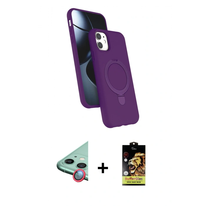 MARSİLYAN™- iPhone 11 Kılıf İz Işık Koleksiyonu - Siyah Buffer Cam Ekran Koruyucu + Raze Metal Kamera Lens - KI