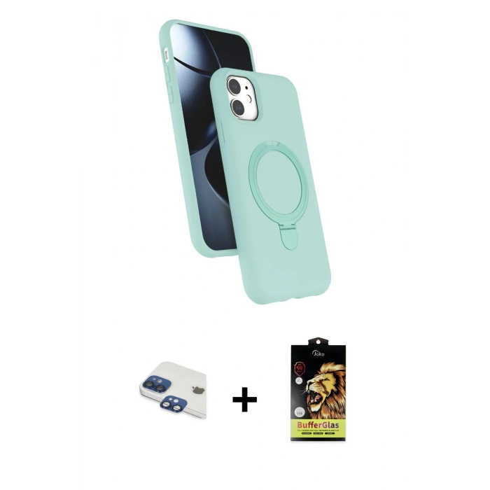 MARSİLYAN™- iPhone 11 Kılıf İz Işık Koleksiyonu - Siyah Buffer Cam Ekran Koruyucu + Pers Alüminyum Kamera Lens - LT