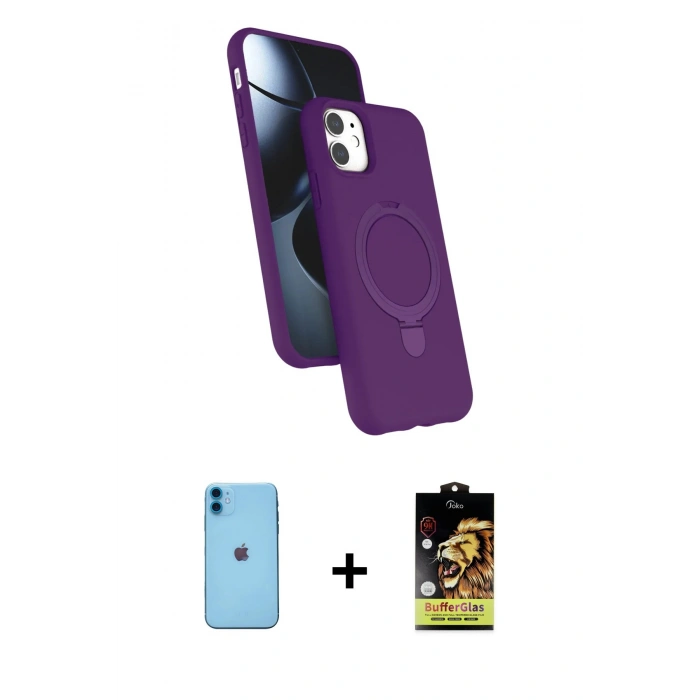 MARSİLYAN™- iPhone 11 Kılıf İz Işık Koleksiyonu - Siyah Buffer Cam Ekran Koruyucu + Neon Fosforlu Kamera Lens - MI