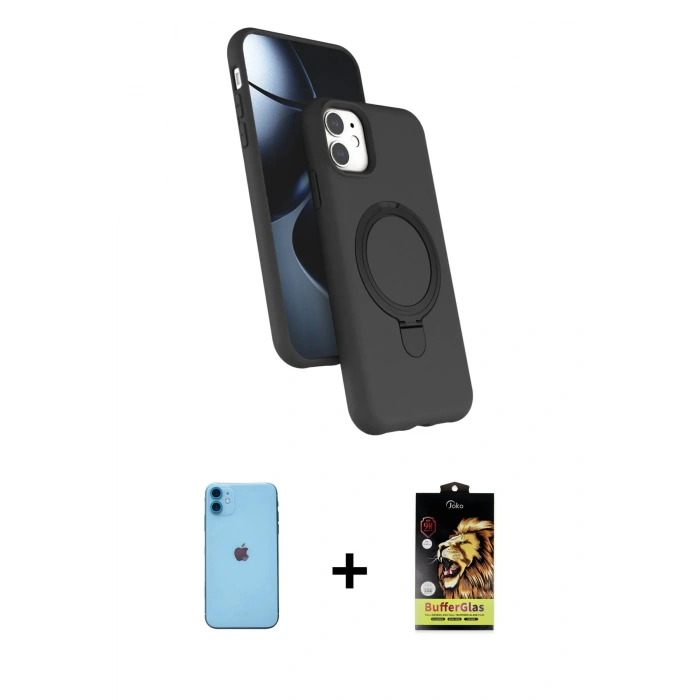 MARSİLYAN™- iPhone 11 Kılıf İz Işık Koleksiyonu - Siyah Buffer Cam Ekran Koruyucu + Neon Fosforlu Kamera Lens - MI
