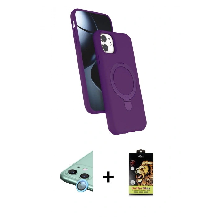 MARSİLYAN™- iPhone 11 Kılıf İz Işık Koleksiyonu - Siyah Buffer Cam Ekran Koruyucu + Raze Metal Kamera Lens - MI