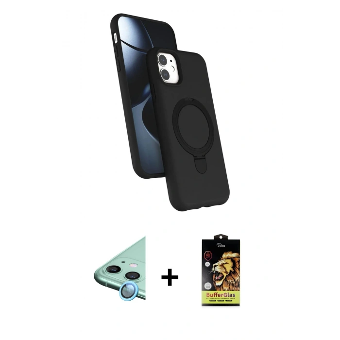 MARSİLYAN™- iPhone 11 Kılıf İz Işık Koleksiyonu - Siyah Buffer Cam Ekran Koruyucu + Raze Metal Kamera Lens - MI
