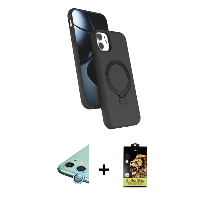 MARSİLYAN™- iPhone 11 Kılıf İz Işık Koleksiyonu - Siyah Buffer Cam Ekran Koruyucu + Raze Metal Kamera Lens - MI