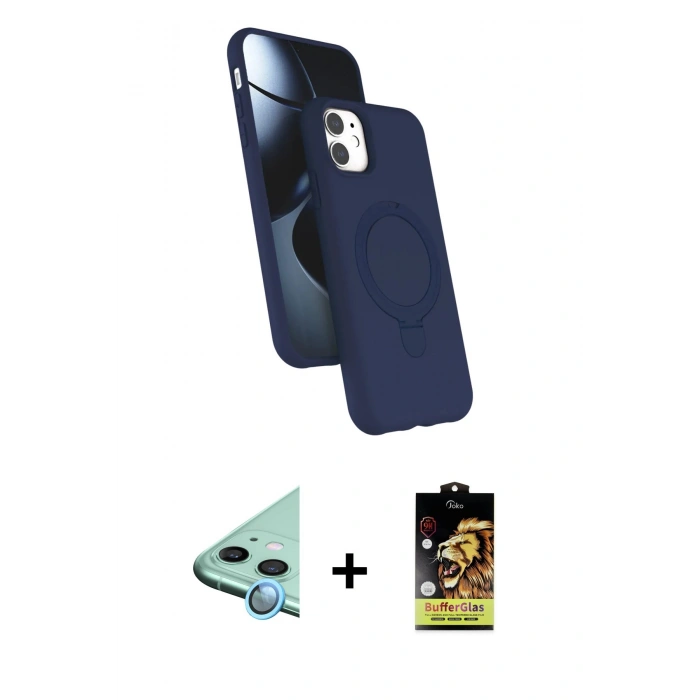 MARSİLYAN™- iPhone 11 Kılıf İz Işık Koleksiyonu - Siyah Buffer Cam Ekran Koruyucu + Raze Metal Kamera Lens - MI