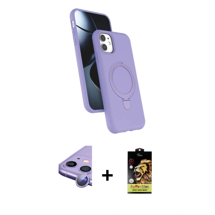 MARSİLYAN™- iPhone 11 Kılıf İz Işık Koleksiyonu - Siyah Buffer Cam Ekran Koruyucu + Raze Metal Kamera Lens - MR