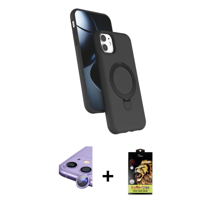 MARSİLYAN™- iPhone 11 Kılıf İz Işık Koleksiyonu - Siyah Buffer Cam Ekran Koruyucu + Raze Metal Kamera Lens - MR