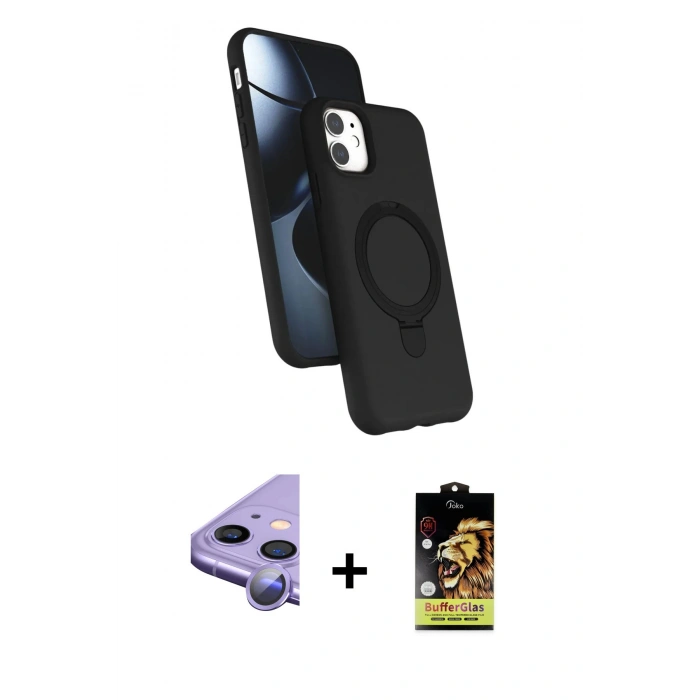 MARSİLYAN™- iPhone 11 Kılıf İz Işık Koleksiyonu - Siyah Buffer Cam Ekran Koruyucu + Raze Metal Kamera Lens - MR