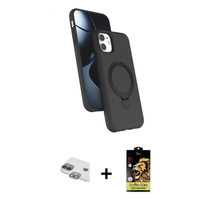 MARSİLYAN™- iPhone 11 Kılıf İz Işık Koleksiyonu - Siyah Buffer Cam Ekran Koruyucu + Pers Alüminyum Kamera Lens - YL