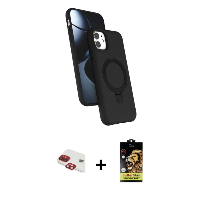 MARSİLYAN™- iPhone 11 Kılıf İz Işık Koleksiyonu - Siyah Buffer Cam Ekran Koruyucu + Pers Alüminyum Kamera Lens - KI
