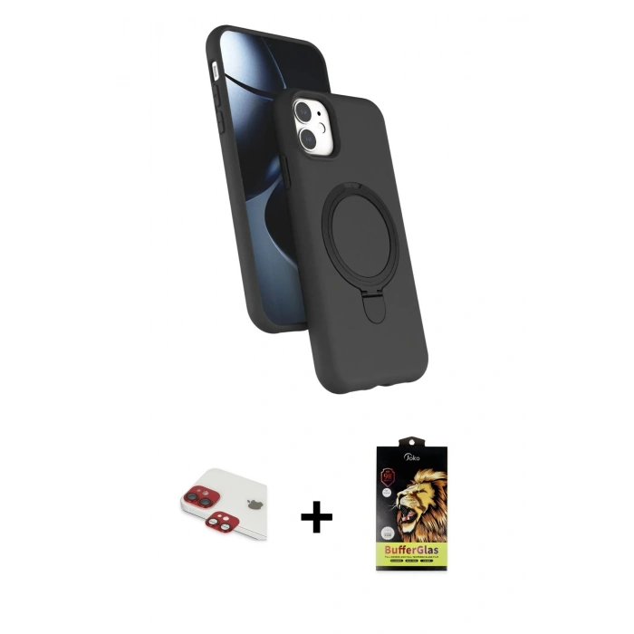 MARSİLYAN™- iPhone 11 Kılıf İz Işık Koleksiyonu - Siyah Buffer Cam Ekran Koruyucu + Pers Alüminyum Kamera Lens - KI