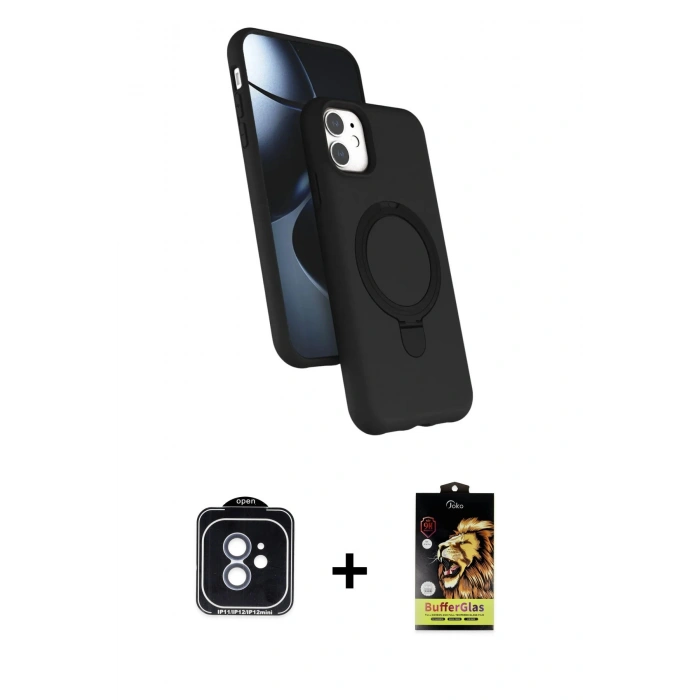 MARSİLYAN™- iPhone 11 Kılıf İz Işık Koleksiyonu - Siyah Buffer Cam Ekran Koruyucu + PVD Metal Kamera Lens - MI