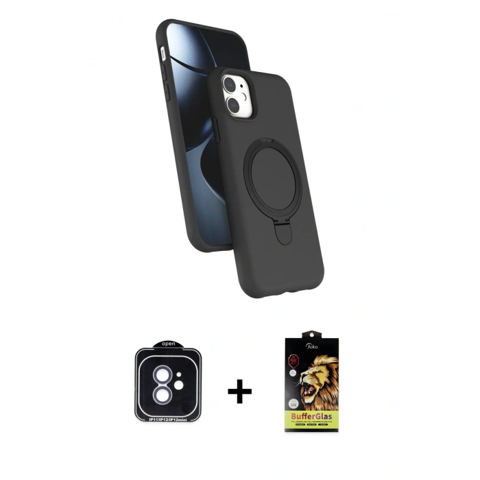 MARSİLYAN™- iPhone 11 Kılıf İz Işık Koleksiyonu - Siyah Buffer Cam Ekran Koruyucu + PVD Metal Kamera Lens - MI