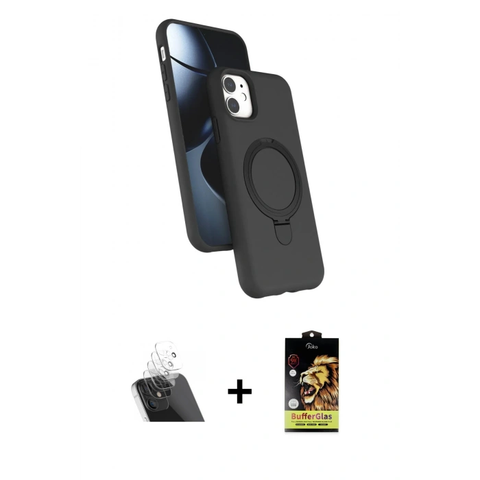 MARSİLYAN™- iPhone 11 Kılıf İz Işık Koleksiyonu - Siyah Buffer Cam Ekran Koruyucu + Şeffaf Kamera Lens Koruma Cam