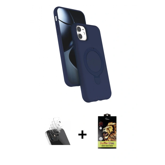 MARSİLYAN™- iPhone 11 Kılıf İz Işık Koleksiyonu - Siyah Buffer Cam Ekran Koruyucu + Şeffaf Kamera Lens Koruma Cam