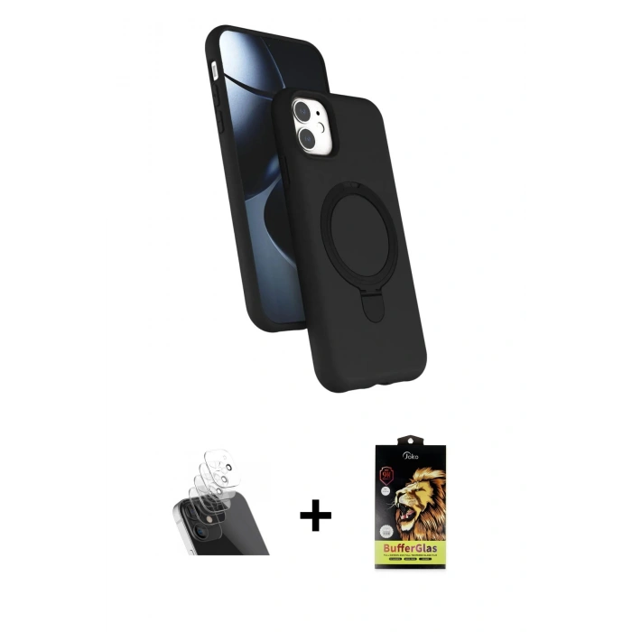 MARSİLYAN™- iPhone 11 Kılıf İz Işık Koleksiyonu - Siyah Buffer Cam Ekran Koruyucu + Şeffaf Kamera Lens Koruma Cam