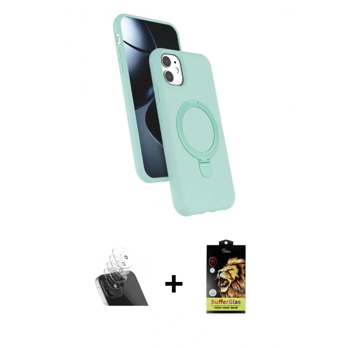 MARSİLYAN™- iPhone 11 Kılıf İz Işık Koleksiyonu - Siyah Buffer Cam Ekran Koruyucu + Şeffaf Kamera Lens Koruma Cam