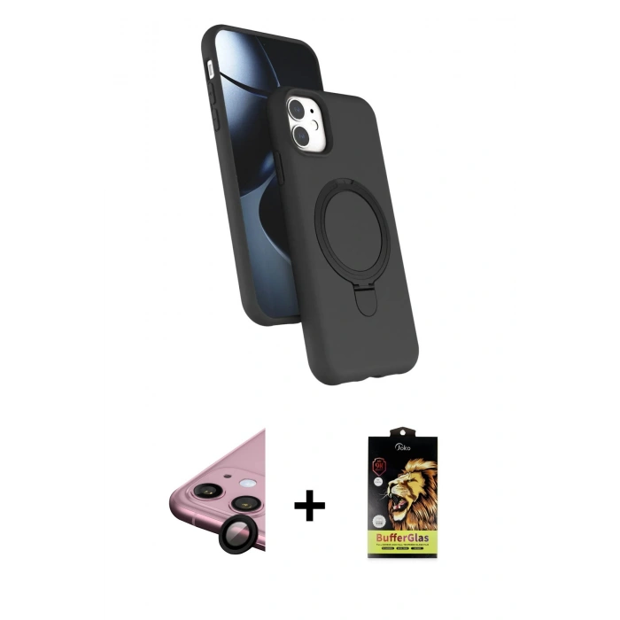 MARSİLYAN™- iPhone 11 Kılıf İz Işık Koleksiyonu - Siyah Buffer Cam Ekran Koruyucu + Siyah Raze Metal Kamera Lens
