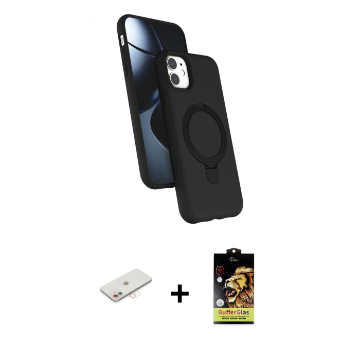 MARSİLYAN™- iPhone 11 Kılıf İz Işık Koleksiyonu - Siyah Buffer Cam Ekran Koruyucu + Renkli Kamera Lens Koruma Cam - YL