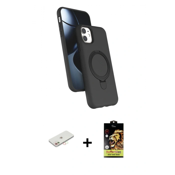MARSİLYAN™- iPhone 11 Kılıf İz Işık Koleksiyonu - Siyah Buffer Cam Ekran Koruyucu + Renkli Kamera Lens Koruma Cam - YL