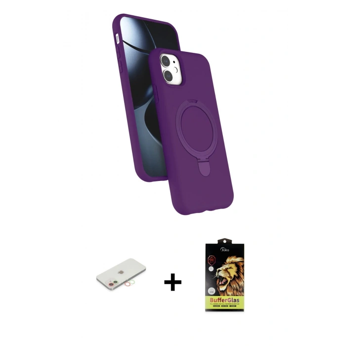 MARSİLYAN™- iPhone 11 Kılıf İz Işık Koleksiyonu - Siyah Buffer Cam Ekran Koruyucu + Renkli Kamera Lens Koruma Cam - YL