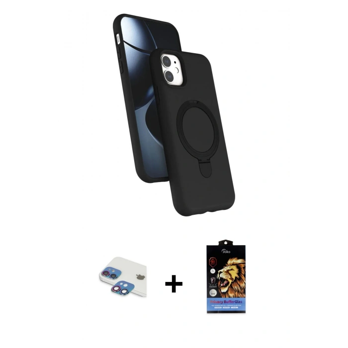 MARSİLYAN™- iPhone 11 Kılıf İz Işık Koleksiyonu - Siyah Buffer Hayalet Cam Ekran Koruyucu + Pers Alüminyum Kamera Lens - GI