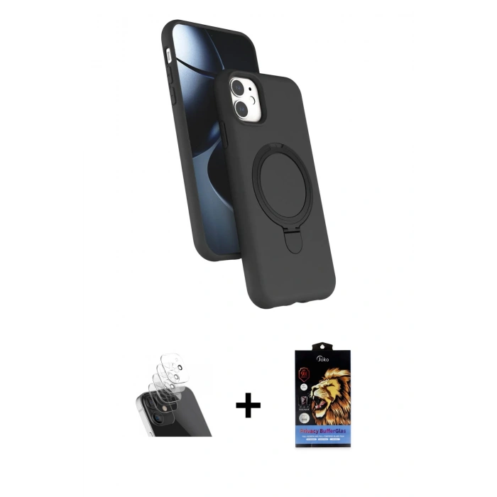 MARSİLYAN™- iPhone 11 Kılıf İz Işık Koleksiyonu - Siyah Buffer Hayalet Cam Ekran Koruyucu + Kamera Lens Koruma Cam - SF