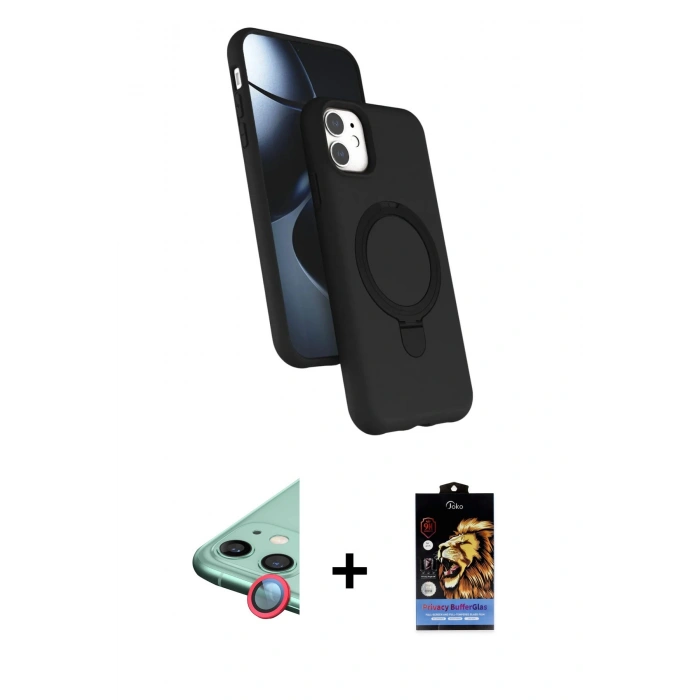 MARSİLYAN™- iPhone 11 Kılıf İz Işık Koleksiyonu - Siyah Buffer Hayalet Cam Ekran Koruyucu + Raze Metal Kamera Lens - KI
