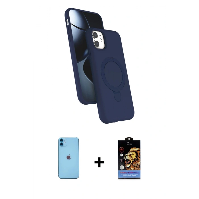 MARSİLYAN™- iPhone 11 Kılıf İz Işık Koleksiyonu - Siyah Buffer Hayalet Cam Ekran Koruyucu + Mavi Neon Fosforlu Kamera Lens