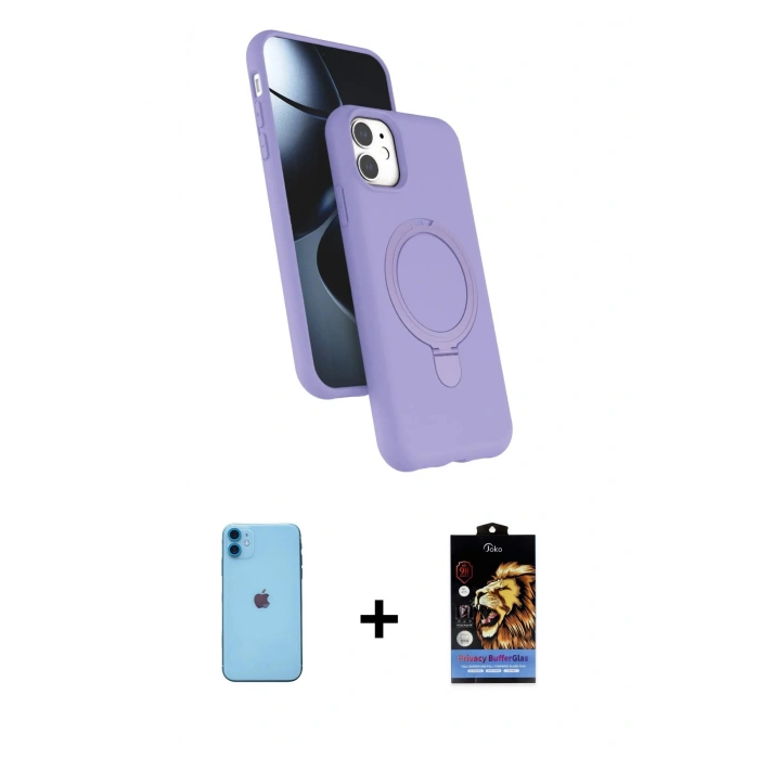 MARSİLYAN™- iPhone 11 Kılıf İz Işık Koleksiyonu - Siyah Buffer Hayalet Cam Ekran Koruyucu + Mavi Neon Fosforlu Kamera Lens