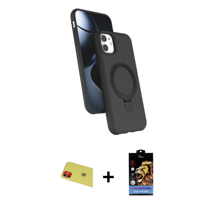 MARSİLYAN™- iPhone 11 Kılıf İz Işık Koleksiyonu - Siyah Buffer Hayalet Cam Ekran Koruyucu + Rainbow Kamera Lens Koruma Cam - KI