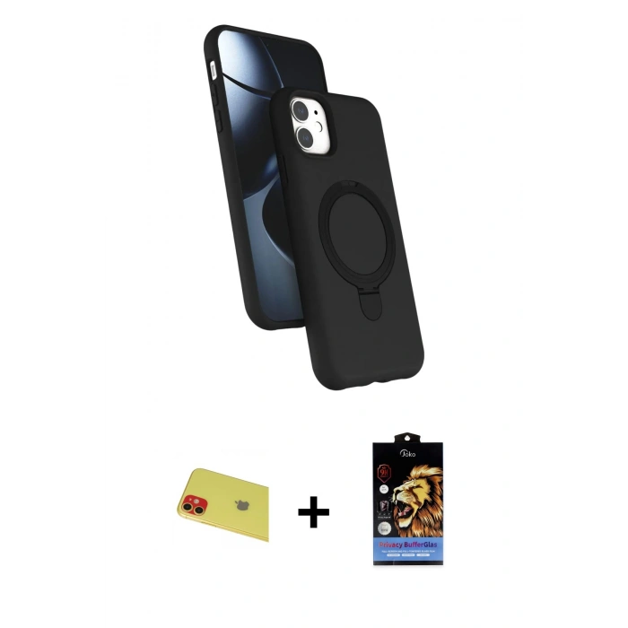MARSİLYAN™- iPhone 11 Kılıf İz Işık Koleksiyonu - Siyah Buffer Hayalet Cam Ekran Koruyucu + Rainbow Kamera Lens Koruma Cam - KI