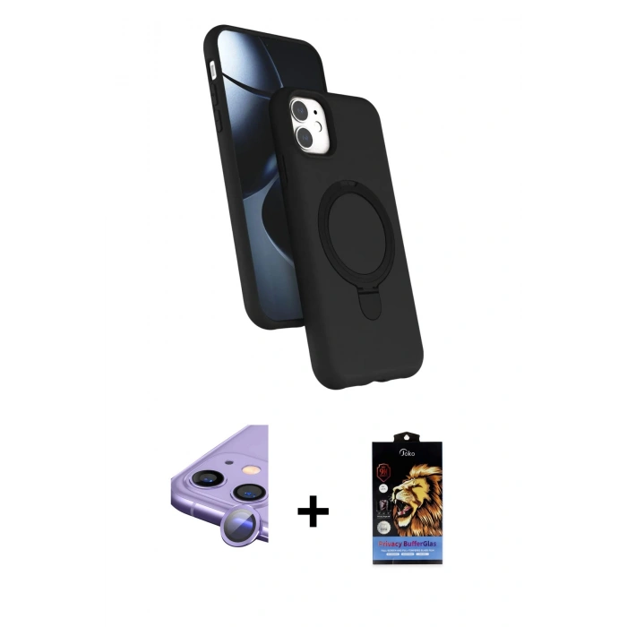 MARSİLYAN™- iPhone 11 Kılıf İz Işık Koleksiyonu - Siyah Buffer Hayalet Cam Ekran Koruyucu + Raze Metal Kamera Lens - MR