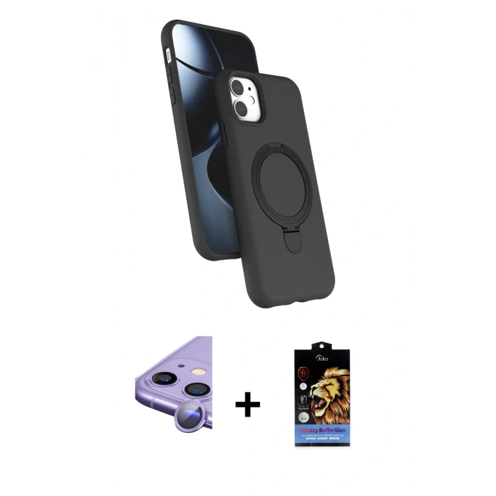 MARSİLYAN™- iPhone 11 Kılıf İz Işık Koleksiyonu - Siyah Buffer Hayalet Cam Ekran Koruyucu + Raze Metal Kamera Lens - MR