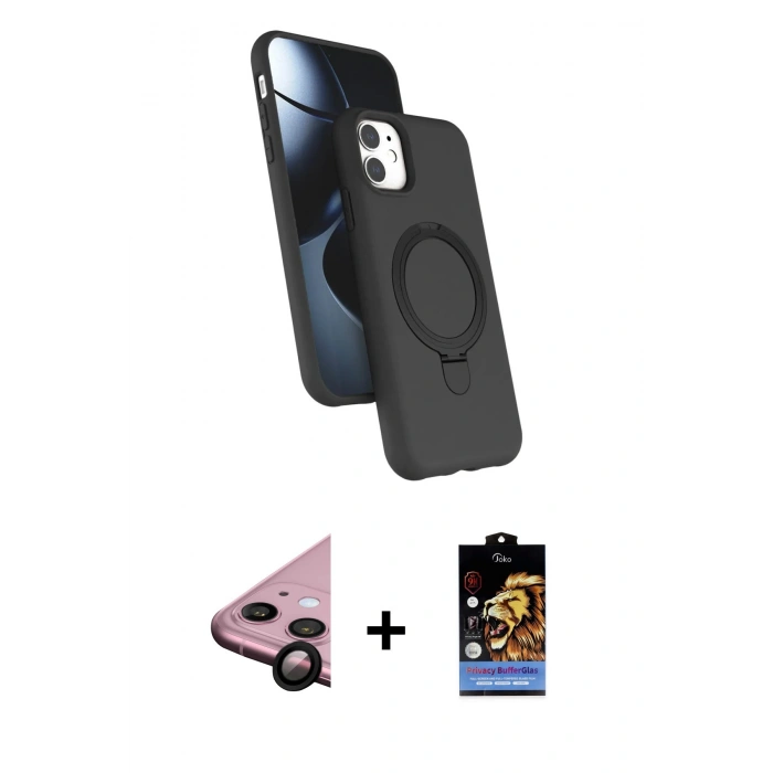 MARSİLYAN™- iPhone 11 Kılıf İz Işık Koleksiyonu - Siyah Buffer Hayalet Cam Ekran Koruyucu + Raze Metal Kamera Lens - SH