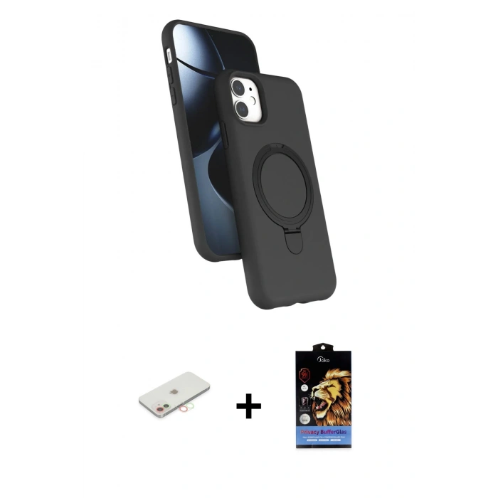 MARSİLYAN™- iPhone 11 Kılıf İz Işık Koleksiyonu - Siyah Buffer Hayalet Cam Ekran Koruyucu + Renkli Kamera Lens Koruma Cam - YL