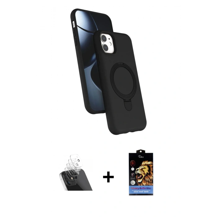 MARSİLYAN™- iPhone 11 Kılıf İz Işık Koleksiyonu - Siyah Buffer Hayalet Cam Ekran Koruyucu + Şeffaf Kamera Lens Koruma Cam
