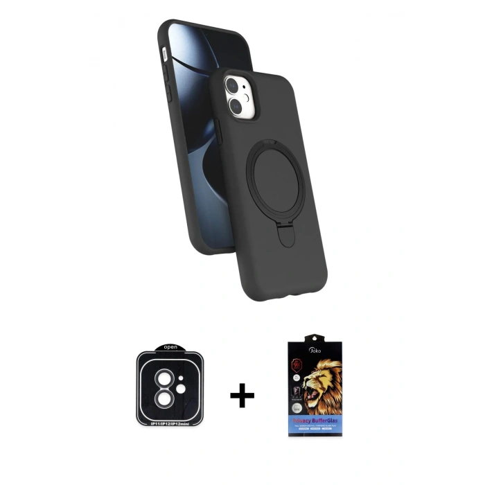 MARSİLYAN™- iPhone 11 Kılıf İz Işık Koleksiyonu - Siyah Buffer Hayalet Cam Ekran Koruyucu + Siyah PVD Metal Kamera Lens
