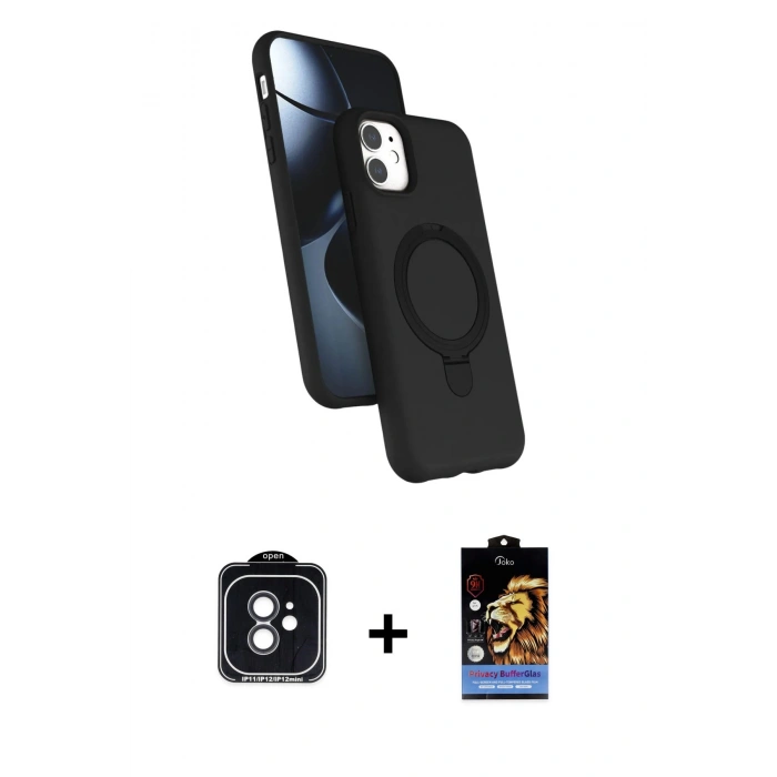 MARSİLYAN™- iPhone 11 Kılıf İz Işık Koleksiyonu - Siyah Buffer Hayalet Cam Ekran Koruyucu + Siyah PVD Metal Kamera Lens
