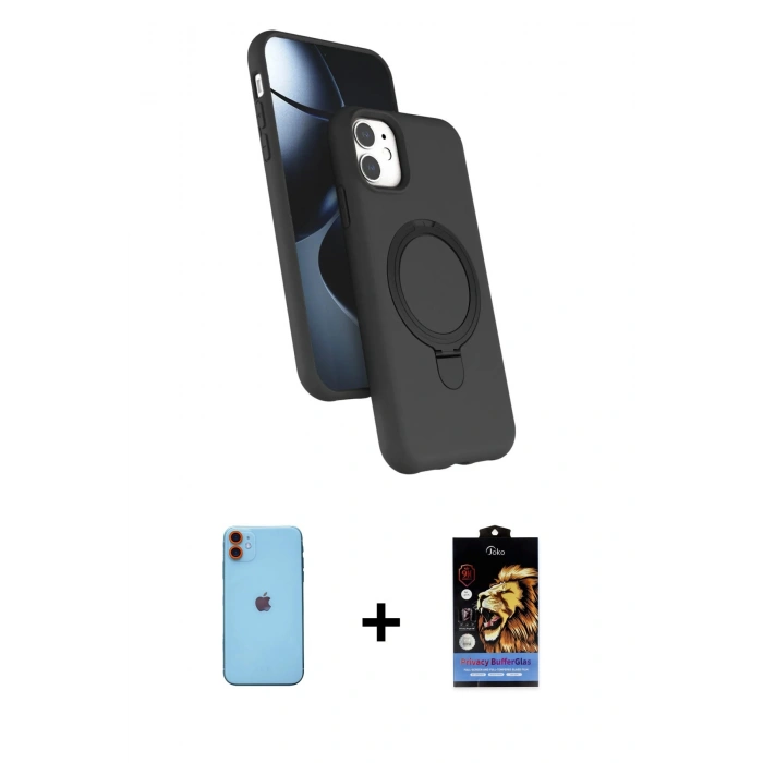 MARSİLYAN™- iPhone 11 Kılıf İz Işık Koleksiyonu - Siyah Buffer Hayalet Cam Ekran Koruyucu + Neon Fosforlu Kamera Lens - TU