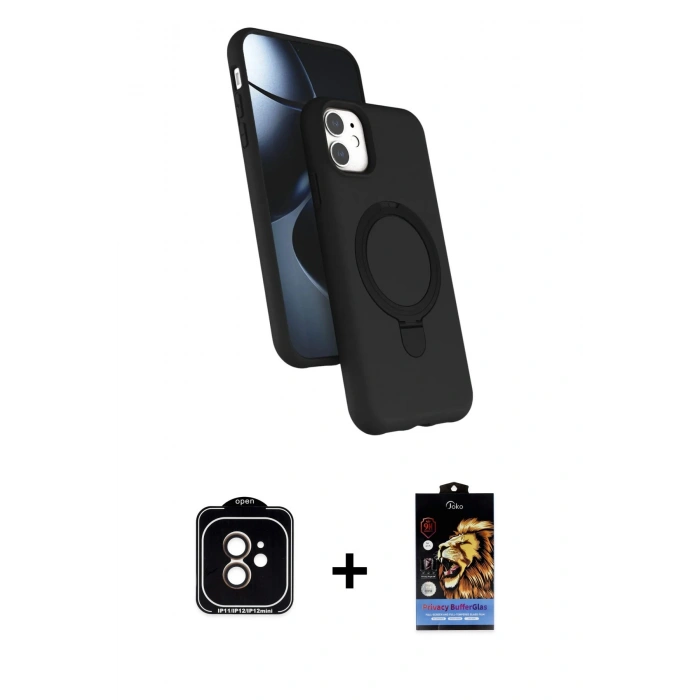MARSİLYAN™- iPhone 11 Kılıf İz Işık Koleksiyonu - Siyah Buffer Hayalet Cam Ekran Koruyucu + PVD Metal Kamera Lens - TU