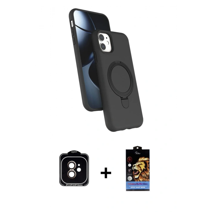 MARSİLYAN™- iPhone 11 Kılıf İz Işık Koleksiyonu - Siyah Buffer Hayalet Cam Ekran Koruyucu + PVD Metal Kamera Lens - TU
