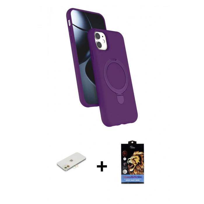 MARSİLYAN™- iPhone 11 Kılıf İz Işık Koleksiyonu - Siyah Buffer Hayalet Cam Ekran Koruyucu + Turuncu Renkli Kamera Lens Koruma Cam