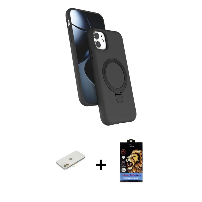 MARSİLYAN™- iPhone 11 Kılıf İz Işık Koleksiyonu - Siyah Buffer Hayalet Cam Ekran Koruyucu + Turuncu Renkli Kamera Lens Koruma Cam