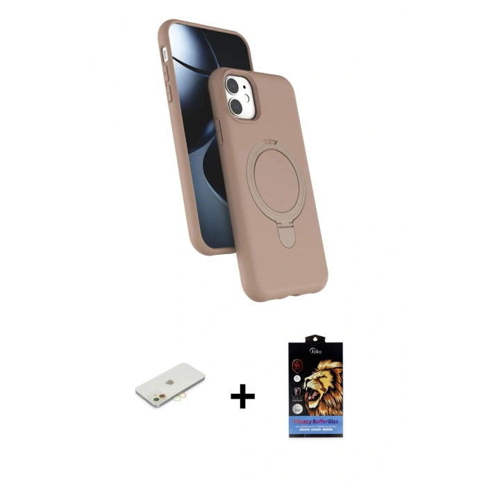 MARSİLYAN™- iPhone 11 Kılıf İz Işık Koleksiyonu - Siyah Buffer Hayalet Cam Ekran Koruyucu + Turuncu Renkli Kamera Lens Koruma Cam